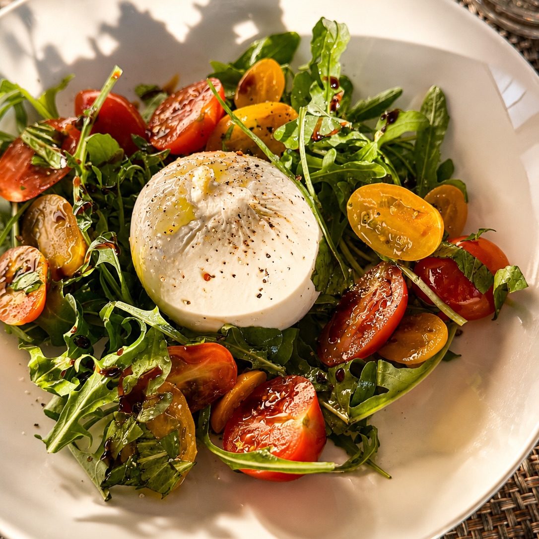 Burrata with cherry tomatoes and rocket
