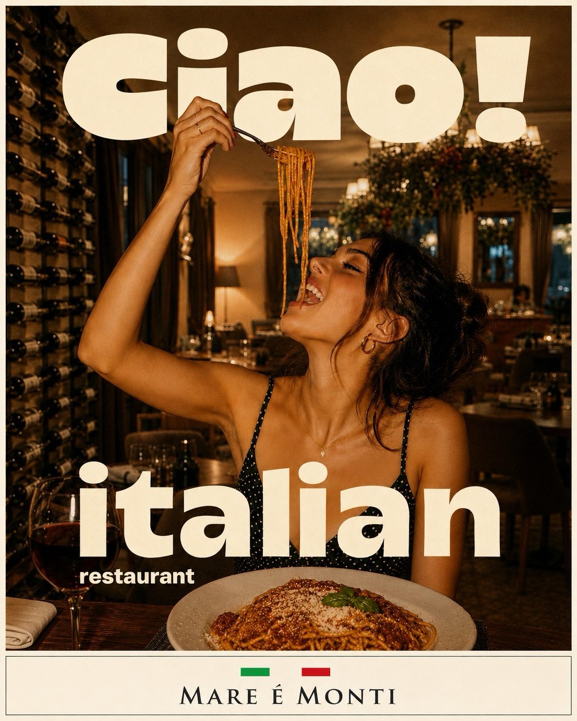 Mare é Monti poster: a guest eating spaghetti in the dining room