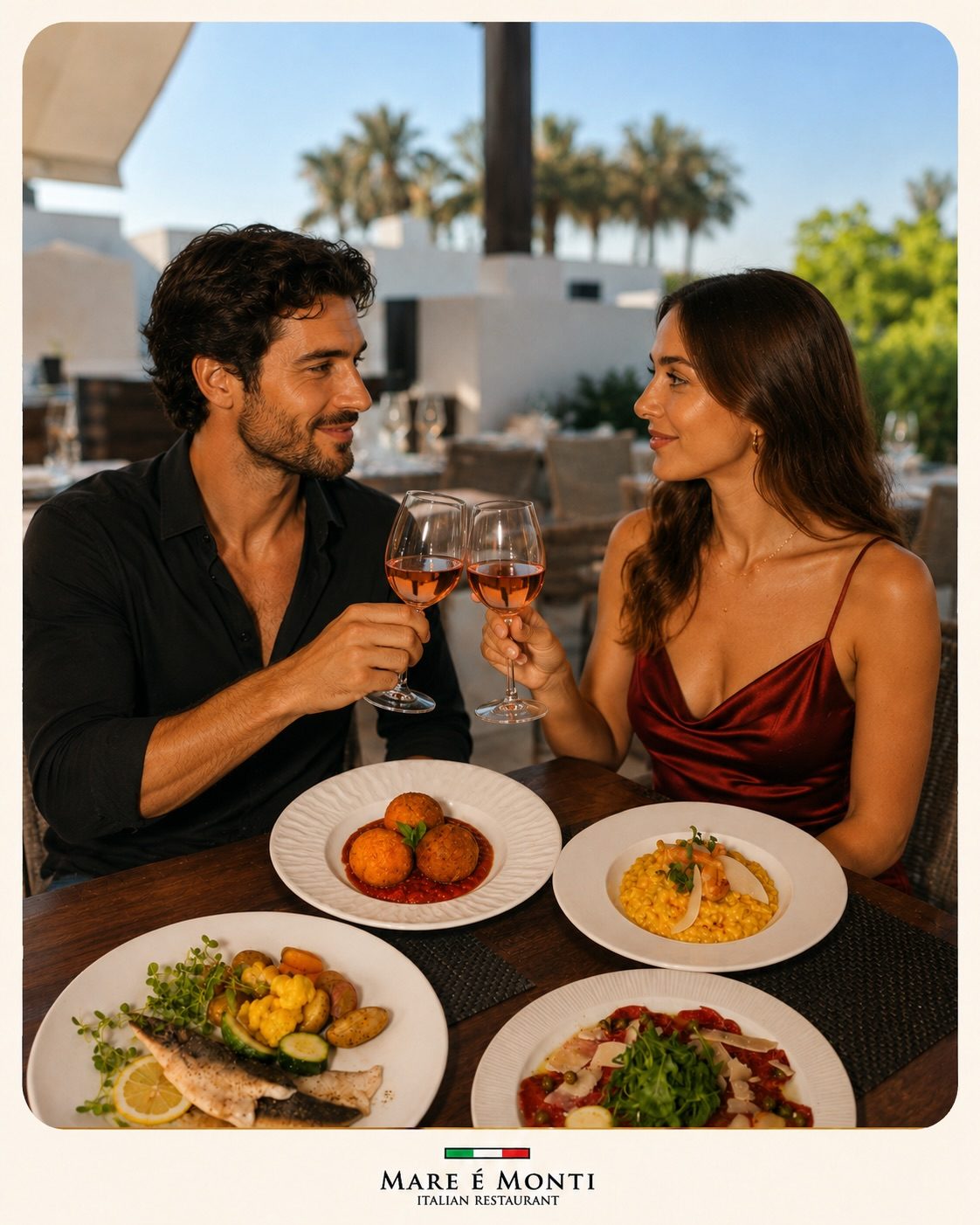 Two guests toasting with rosé on the terrace