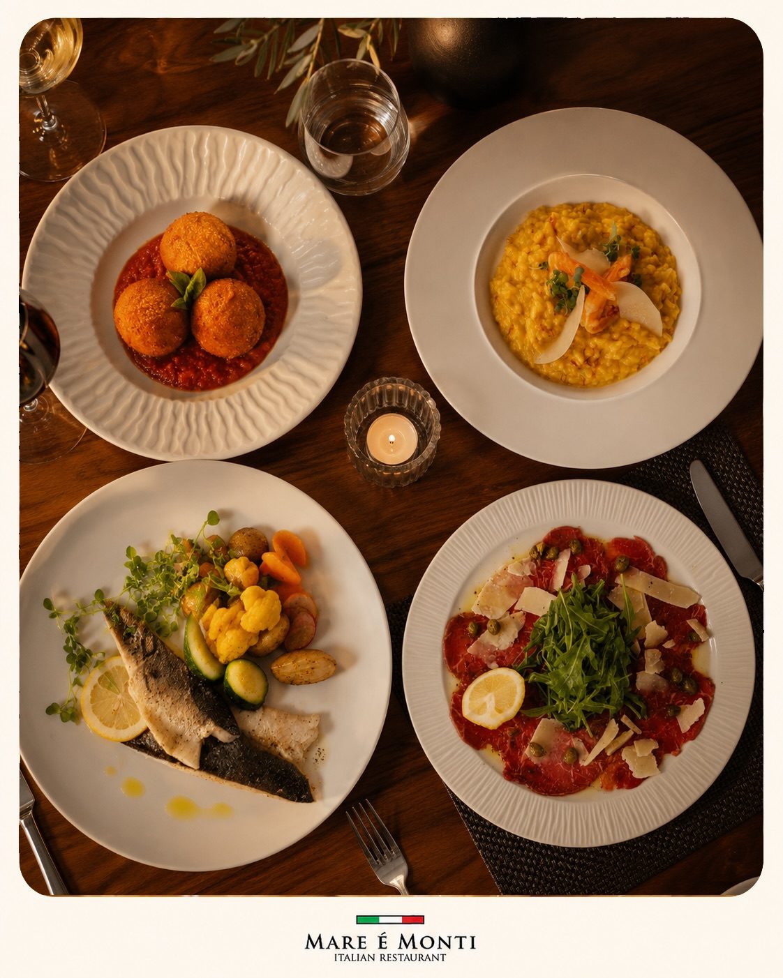 Four Italian dishes on a dark wooden table