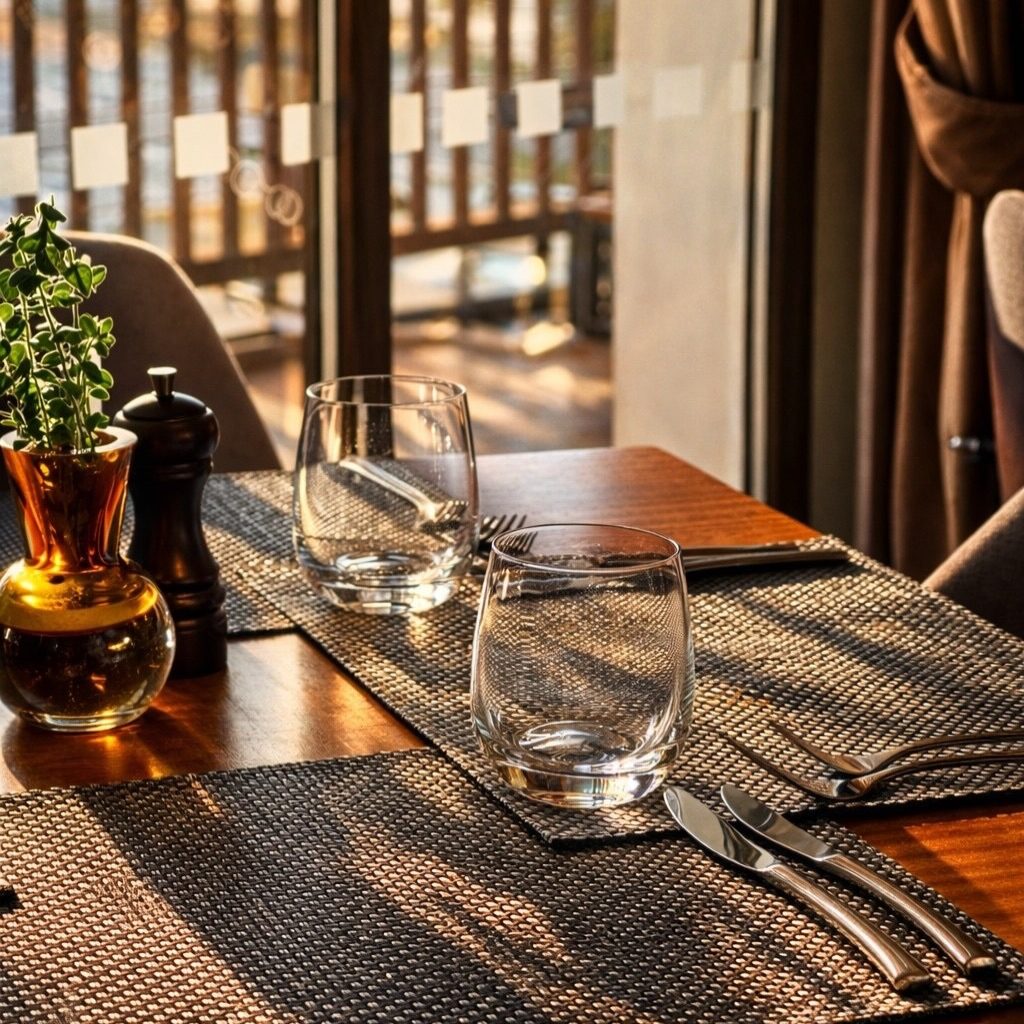 A laid table at Mare é Monti in late afternoon light